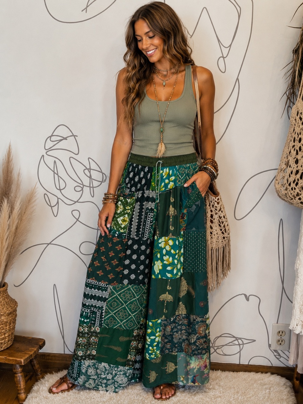 Boho Rayon Patchwork Wide Leg Pants with Pockets O/S (see measurements below)
